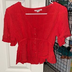Red flowy button down top